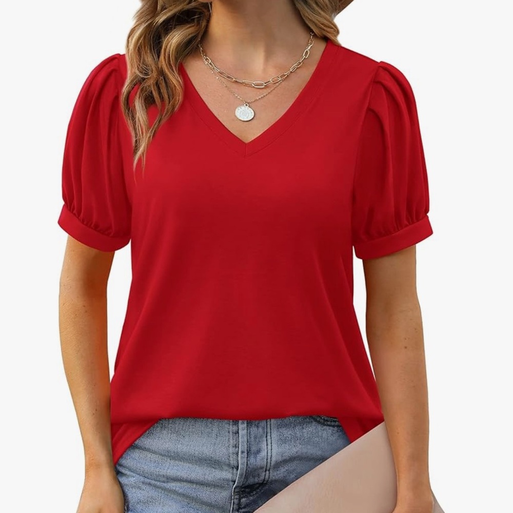 Red V-Neck Puff Sleeve Top | Soft Knit Tee | Casual Everyday Style